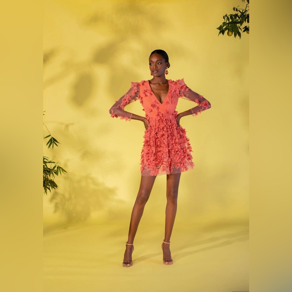 Helsi Sidney Long-Sleeve V-Neck Floral Mini Dress in Coral